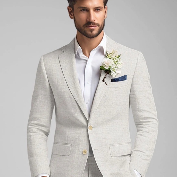 Slim Fit Tropical Beige Pure Linen Suit 40R Jacket 32/32 Pants | StudioSuits - Picture 5 of 16